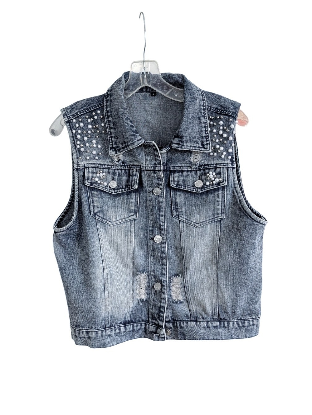 Acid Wash Distressed Denim Vest w/ Pearl Embellishments, Size L